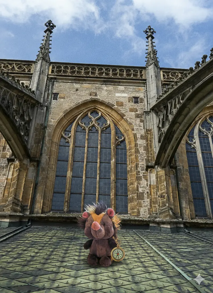 A small, dark brown plush toy with an orange mane and a compass necklace stands on a green, tiled roof. In the background, the Gothic facade of an old building, possibly a minster or church, rises up, with large pointed-arch windows and ornate buttresses, under a blue sky with white clouds.